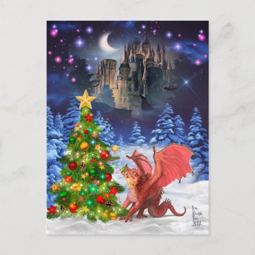 Dragon Pulling on Christmas Tree Holiday Postcard