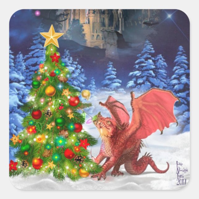 Dragon Pulling on Christmas Tree Square Sticker (Front)