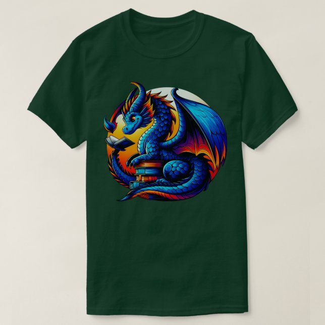 Dragon Reading a Book Bookworm Book Lover 2 T-Shirt (Design Front)