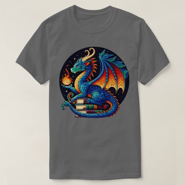 Dragon Reading a Book Bookworm Book Lover 4 T-Shirt (Design Front)