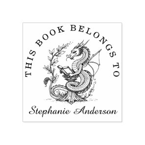 Dragon Reading a Book Library Bookplate Stamp