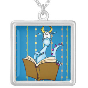 Dragon Reading Book Silver Plated Necklace