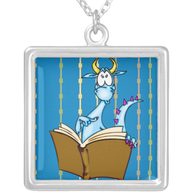 Dragon Reading Book Silver Plated Necklace (Front)