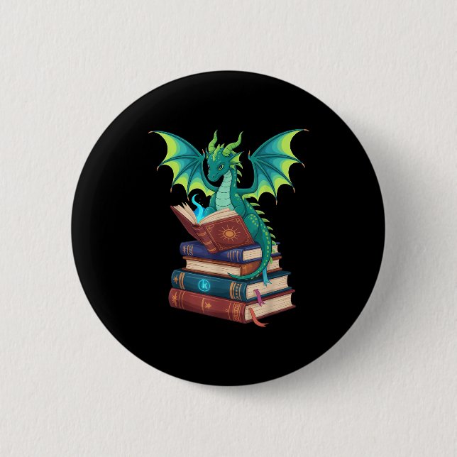 Dragon Reading Books Fantasy Lovers Mythical Creat Button (Front)