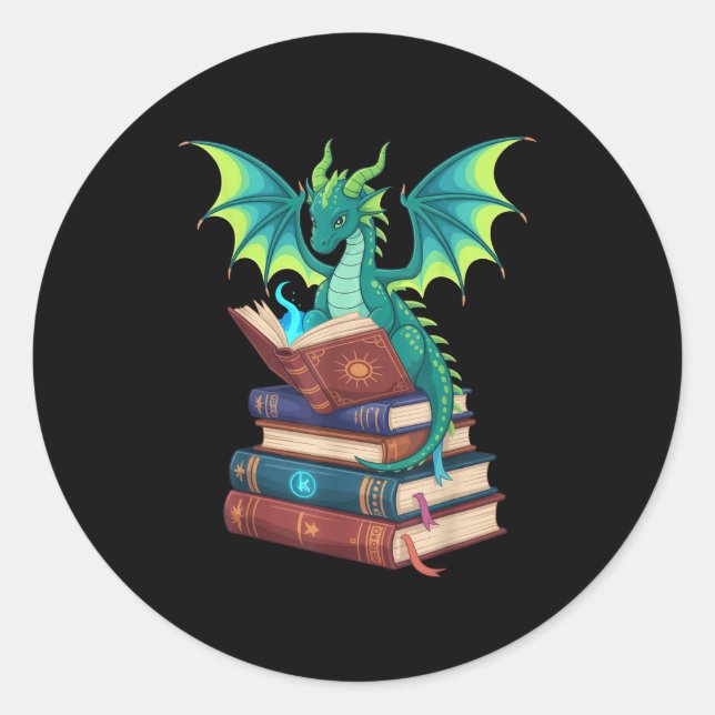 Dragon Reading Books Fantasy Lovers Mythical Creat Classic Round Sticker (Front)