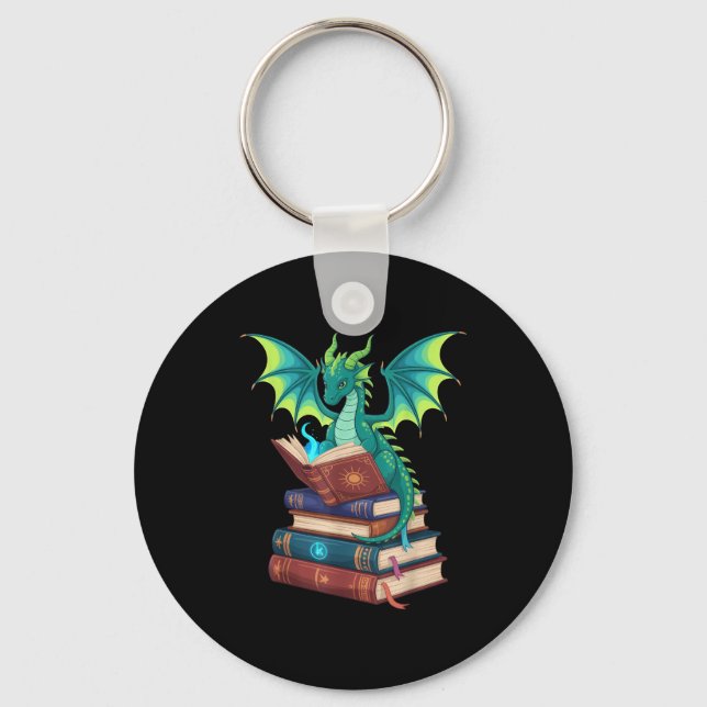 Dragon Reading Books Fantasy Lovers Mythical Creat Keychain (Front)