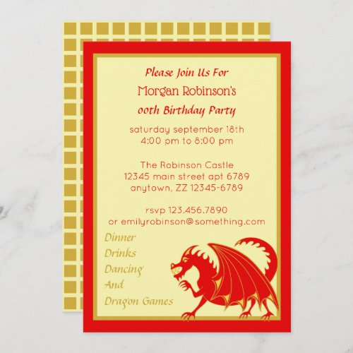 Dragon Red Gold Child Or Adult Birthday Party Invitation