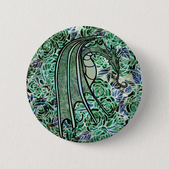 Dragon Roses Green Nature Dragons Abstract Rose    Button (Front)