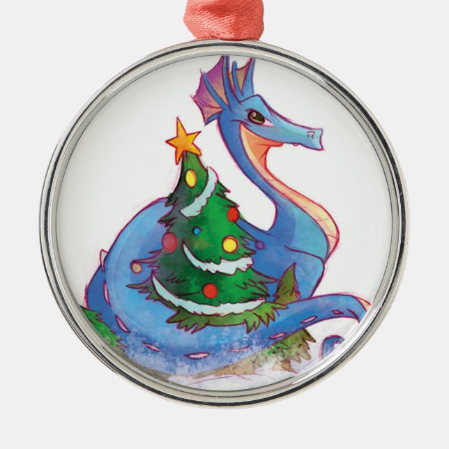 Dragon Round the Christmas Tree Metal Ornament (Front)