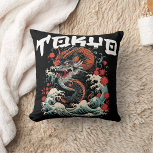 Dragon s Dance Japanese Retro Seascape Throw Pillow