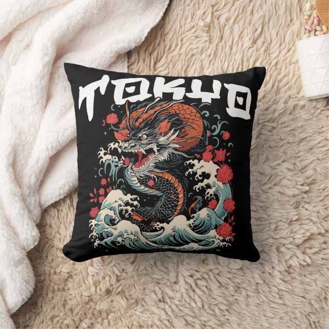 Dragon s Dance Japanese Retro Seascape Throw Pillow (Blanket)