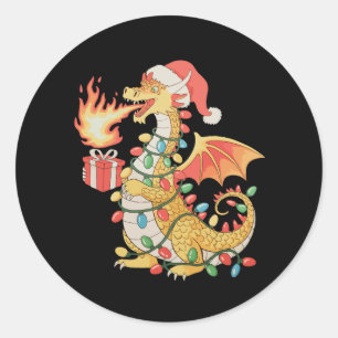 Dragon Santa Hat Christmas Lights Present Box Xmas Classic Round Sticker