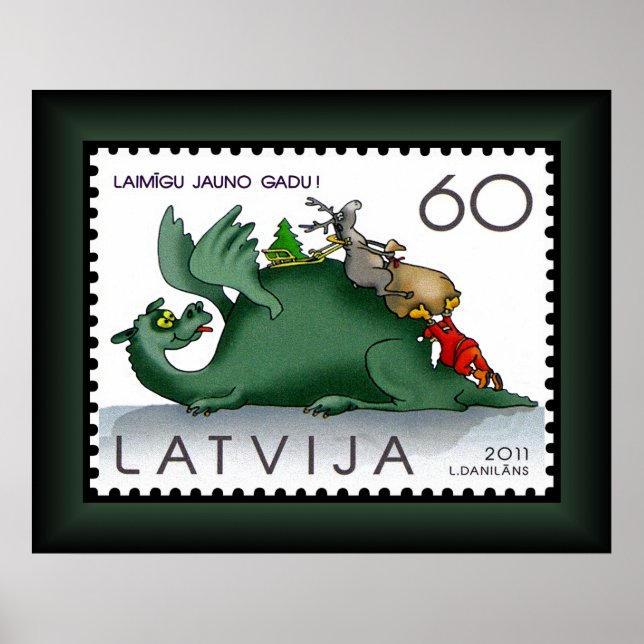 Dragon ~ Santa ~ Reindeer ~ Latvia ~ Stamp ~ Poster (Front)