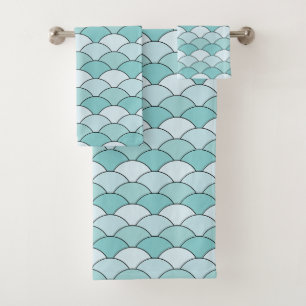 Dragon Scales, Fans, Waves, Seigaiha, Blue Bath Towel Set