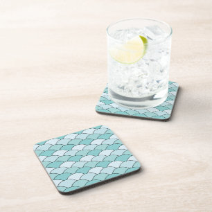 Dragon Scales, Fans, Waves, Seigaiha, Blue Beverage Coaster