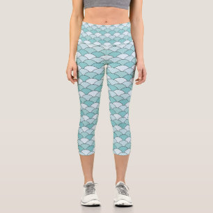 Dragon Scales, Fans, Waves, Seigaiha, Blue Capri Leggings