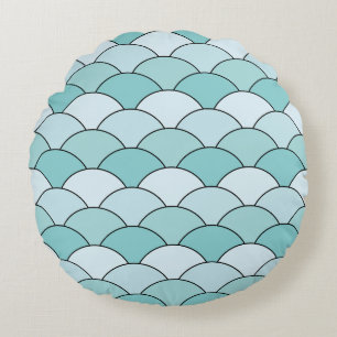 Dragon Scales, Fans, Waves, Seigaiha, Blue Round Pillow