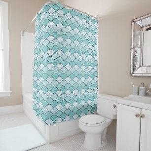 Dragon Scales, Fans, Waves, Seigaiha, Blue Shower Curtain