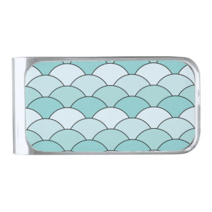 Dragon Scales, Fans, Waves, Seigaiha, Blue Silver Finish Money Clip