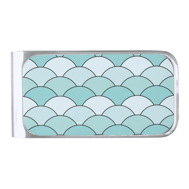 Dragon Scales, Fans, Waves, Seigaiha, Blue Silver Finish Money Clip (Front)