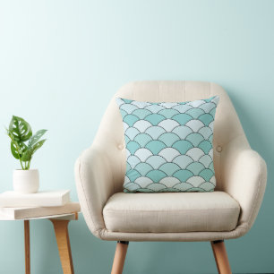 Dragon Scales, Fans, Waves, Seigaiha, Blue Throw Pillow
