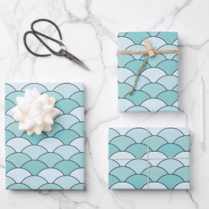 Dragon Scales, Fans, Waves, Seigaiha, Blue Wrapping Paper Sheets