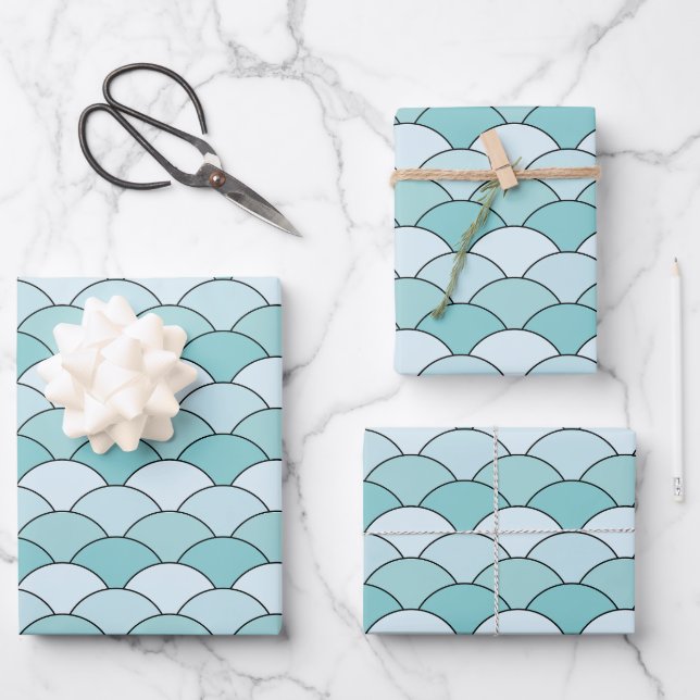 Dragon Scales, Fans, Waves, Seigaiha, Blue Wrapping Paper Sheets (Front)