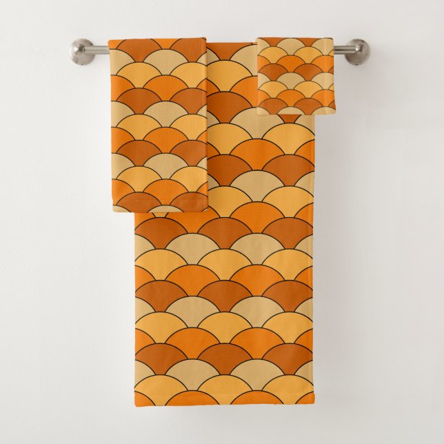 Dragon Scales, Fans, Waves, Seigaiha, Orange Bath Towel Set (Insitu)