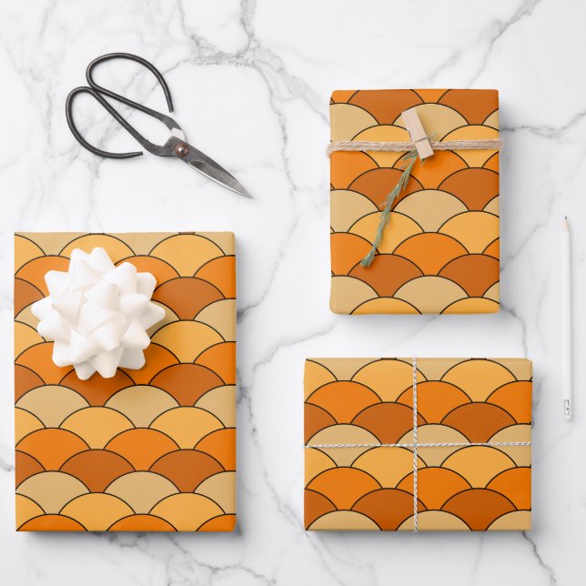 Dragon Scales, Fans, Waves, Seigaiha, Orange Wrapping Paper Sheets (Front)