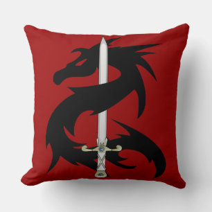 Dragon Silhouette and Sword Throw Pillow