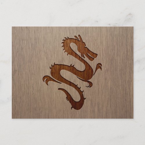 Dragon silhouette engraved on wood design postcard