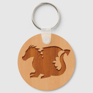 Dragon silhouette engraved on wood effect keychain