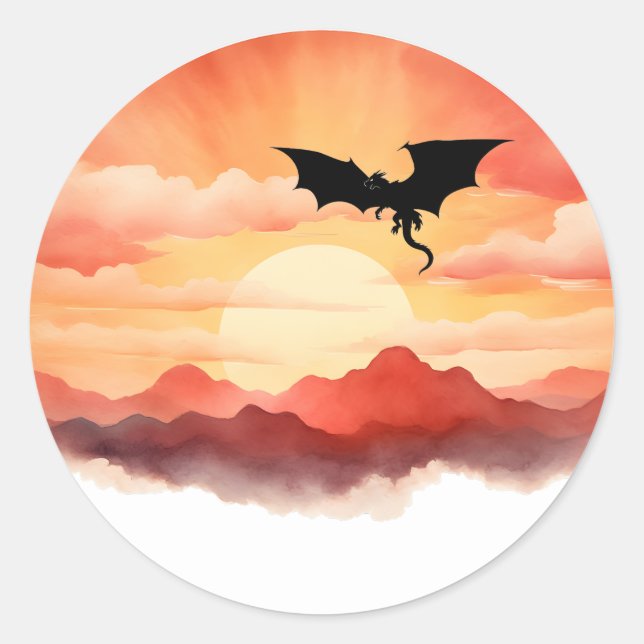 Dragon Silhouetted Against a Sunset Classic Round Sticker (Front)