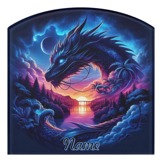 Dragon Silhouetted Against a Vibrant Sunset   Door Sign (Contour Front)