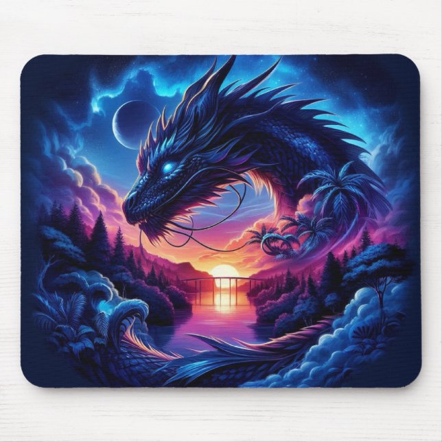 Dragon Silhouetted Against a Vibrant Sunset   Mouse Pad (Front)