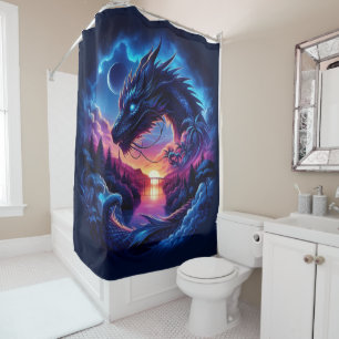 Dragon Silhouetted Against a Vibrant Sunset Shower Curtain