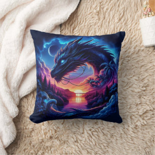 Dragon Silhouetted Against a Vibrant Sunset Throw Pillow