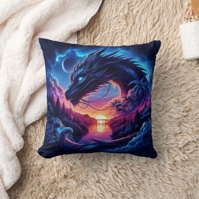 Dragon Silhouetted Against a Vibrant Sunset   Throw Pillow (Blanket)