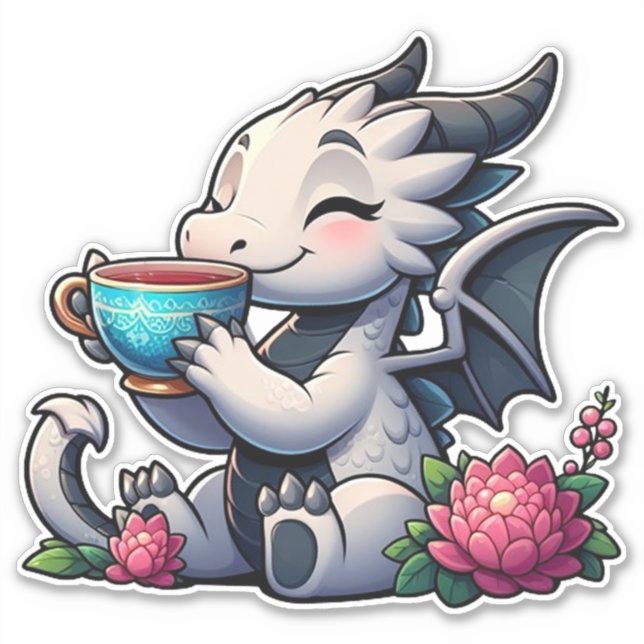 Dragon sipping coffee tea sticker (Front)