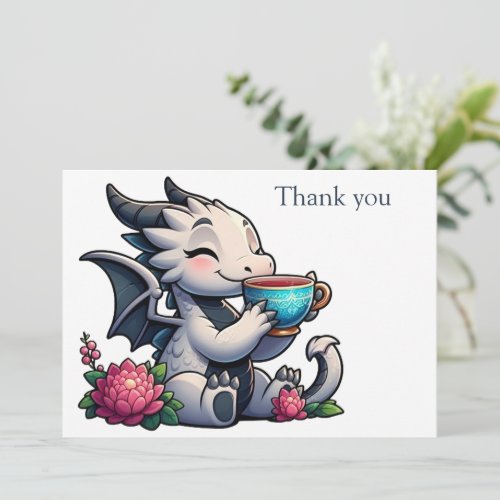 Dragon sipping coffee tea thank you card