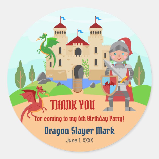 Dragon Slayer Knight Boy Birthday Party Classic Round Sticker (Front)