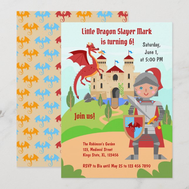 Dragon Slayer Knight Boy Birthday Party Invitation (Front/Back)