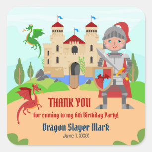 Dragon Slayer Knight Boy Birthday Party Square Sticker