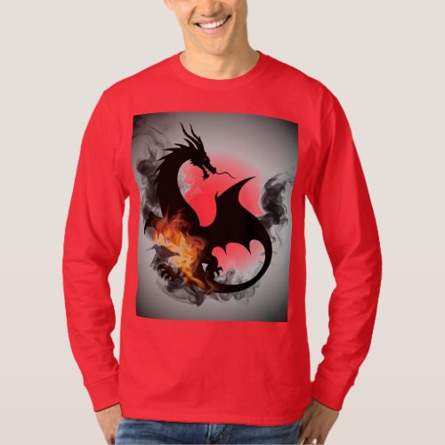 Dragon Smoke Silhouette Red Long_sleeved T_Shirt