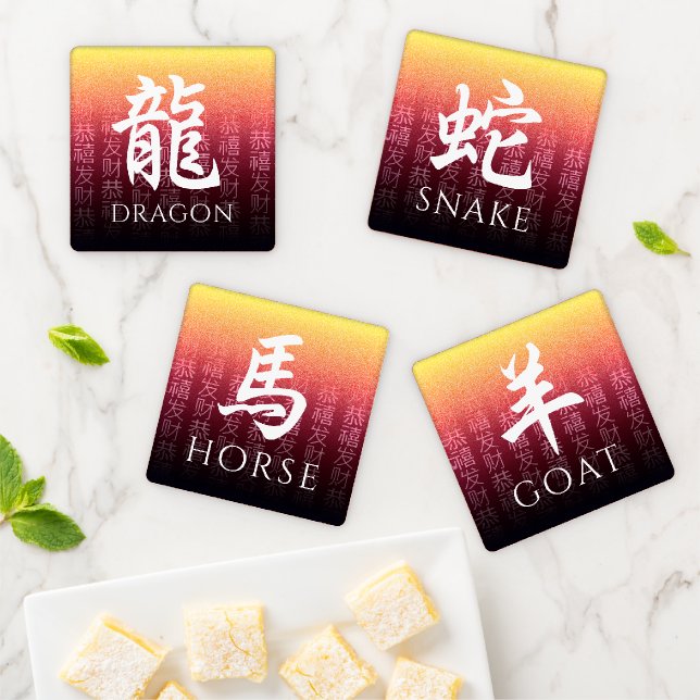 Dragon Snake Horse Goat Red Gold Chinese Zodiac Coaster Set (In Situ)