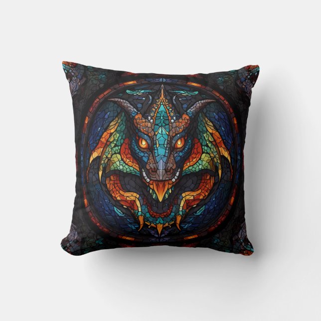 Dragon Stained Glass Mosaic Design Throw Pillow (Front)