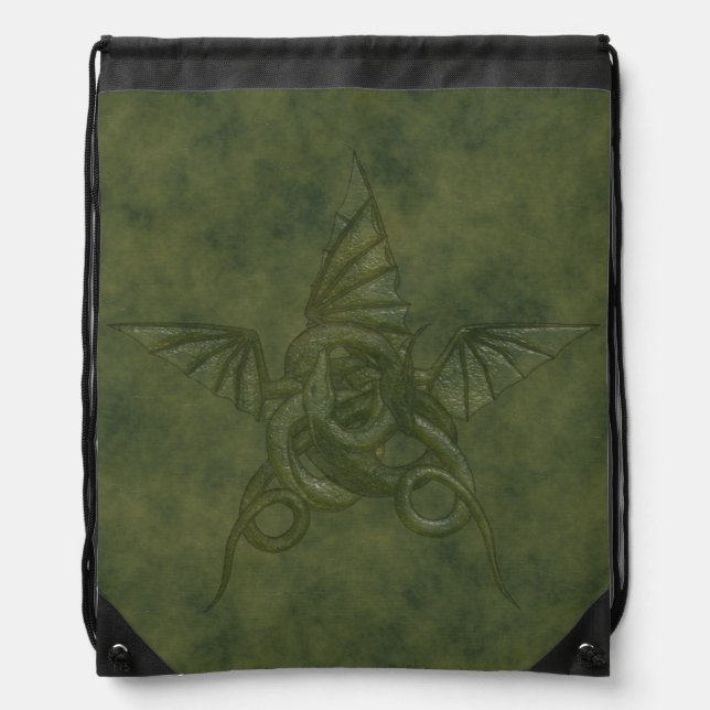 Dragon Star - Green Embossed Leather Image Drawstring Bag (Front)
