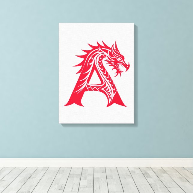 Dragon Styled Letter A, Dragon Alphabet, Monogram Canvas Print (Insitu(Wood Floor))