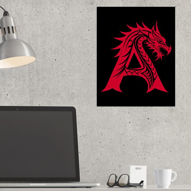 Dragon Styled Letter A, Dragon Alphabet, Monogram Foil Prints (In Situ (Desk))