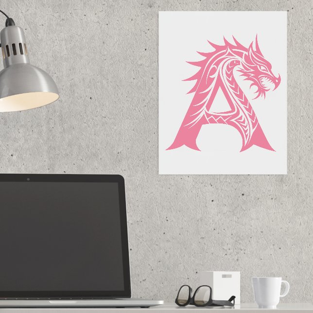 Dragon Styled Letter A, Dragon Alphabet, Monogram Foil Prints (In Situ (Desk))